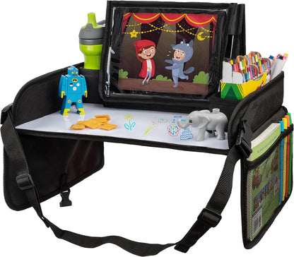 Lusso Gear Car Seat Tray - 1-Pack Black - 600D Oxford Lap Desk Organizer & Tablet Stand with Dry-Erase Surface, Snack & Cup Holder - Kids Travel Tray for Car Seat