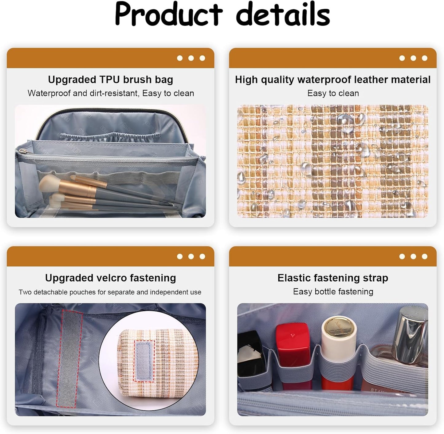 Travel Makeup Bag for Women: Large Capacity Open Flat Make up Bag Set of 3 - Vegan Leather Cosmetic Bag with Compartments - Waterproof Toiletry Bag with Handle & Divider(Gold)