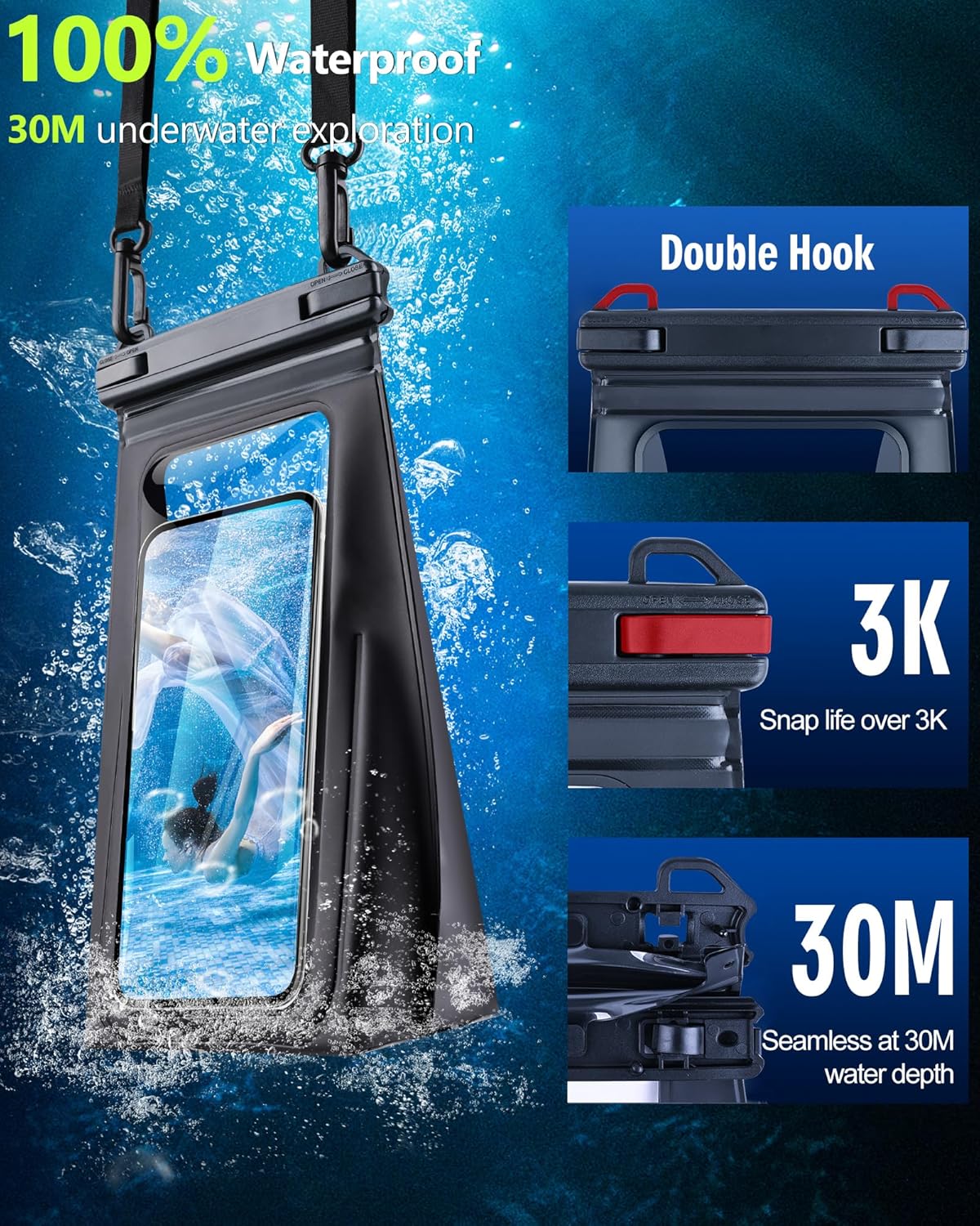 Waterproof Phone Pouch Floating, [Expandable Space] IPX8 Waterproof Dry Bag for iPhone 16 15 14 13 Pro Max Samsung S25 S24 S23 Google Up to 7.0" for Beach Boating Water Park Black