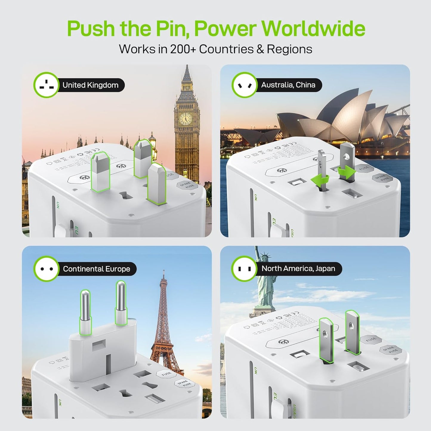 EPICKA Pulse 45W European Travel Plug Adapter, Universal Power Adapter with PD Fast Charging, 5-Port (1 AC/2 USB-A/2 USB-C) International Charger Adapter for Europe, Japan - Travel Essentials (White)