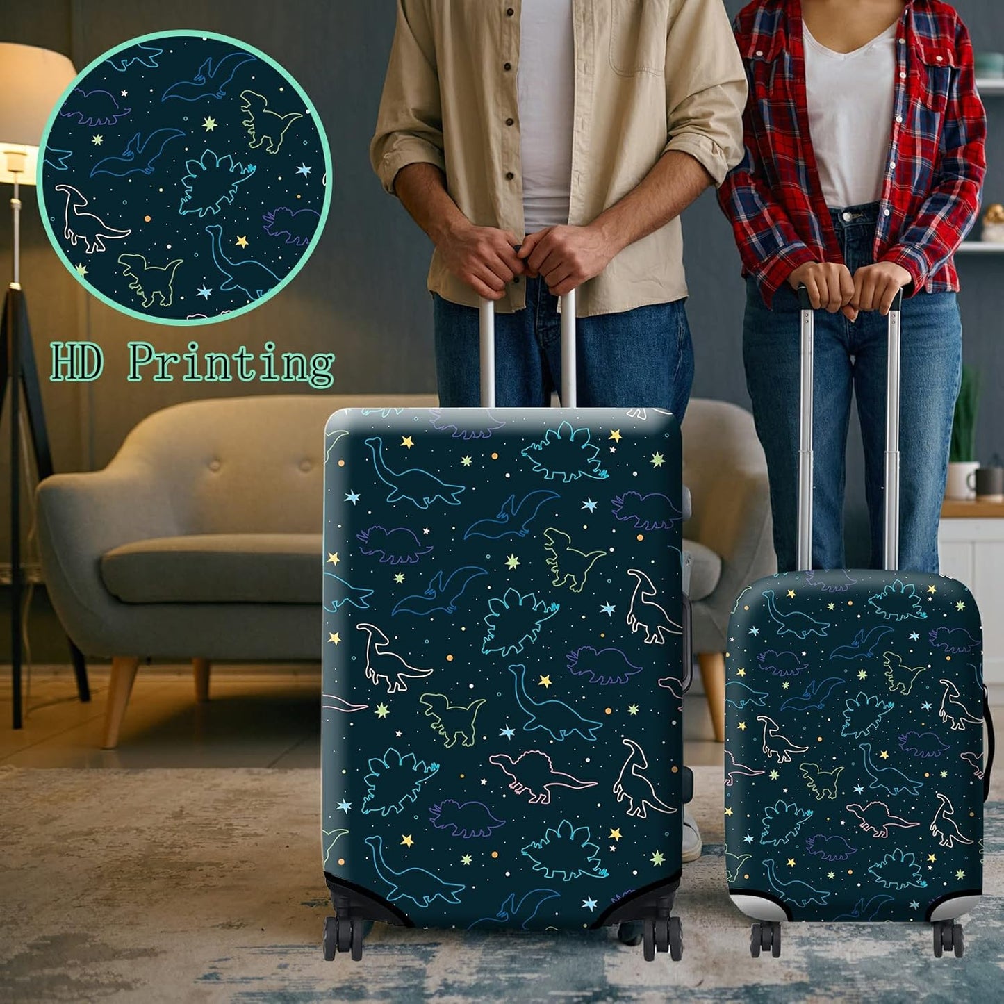 Luggage Cover Suitcase Protector Plus 1 Luggage Tag, Dinosaurs Space Travel Suitcase Cover Suitable for 22-24 inch Luggage (M) with Concealed Zipper Washable Elastic Cloth Dustproof Anti-Scratch