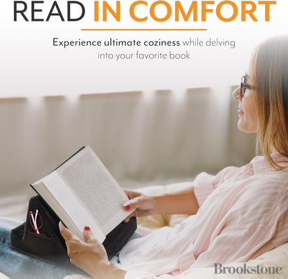Brookstone - Memory Foam Lap Desk Tablet Holder, Holds Phones, iPads, E-Book Readers, 2 Viewing Angles, 2 Side Pockets for Accessories, Book Holder Cushion, Perfect Home, Car Travel, Flights, Black