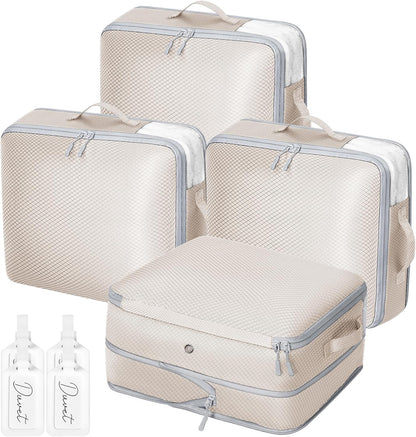 DIMJ Clothes Storage Bag 4 Pack, 19L Small Storage Bags for Sweater, Closet, Sheet Storage Organizer with Window, Compression Organizer Space Saver Storage Bags with Zipper, Beige