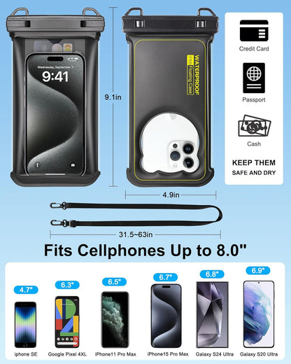 Waterproof Phone Pouch Floating- [3D Clear Soft Edges ] IP68 Waterproof Phone Case - iPhone 16/15/14/13 Pro Max Samsung 24/23/22 Ultra Google Up 7.5" - Detachable Lanyard - Front Clear + Back Bear