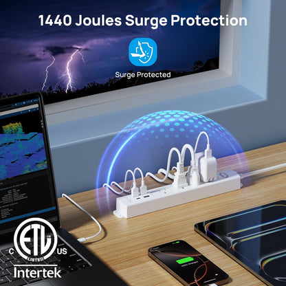 TROND Surge Protector Power Strip with USB, Ultra Thin Flat Plug 6ft Extension Cord 1625W, 3 USB A & 1 Type C, 4 AC Outlets 1440J Surge Protection ETL Listed, Wall Mount for Home Office Dorm, White