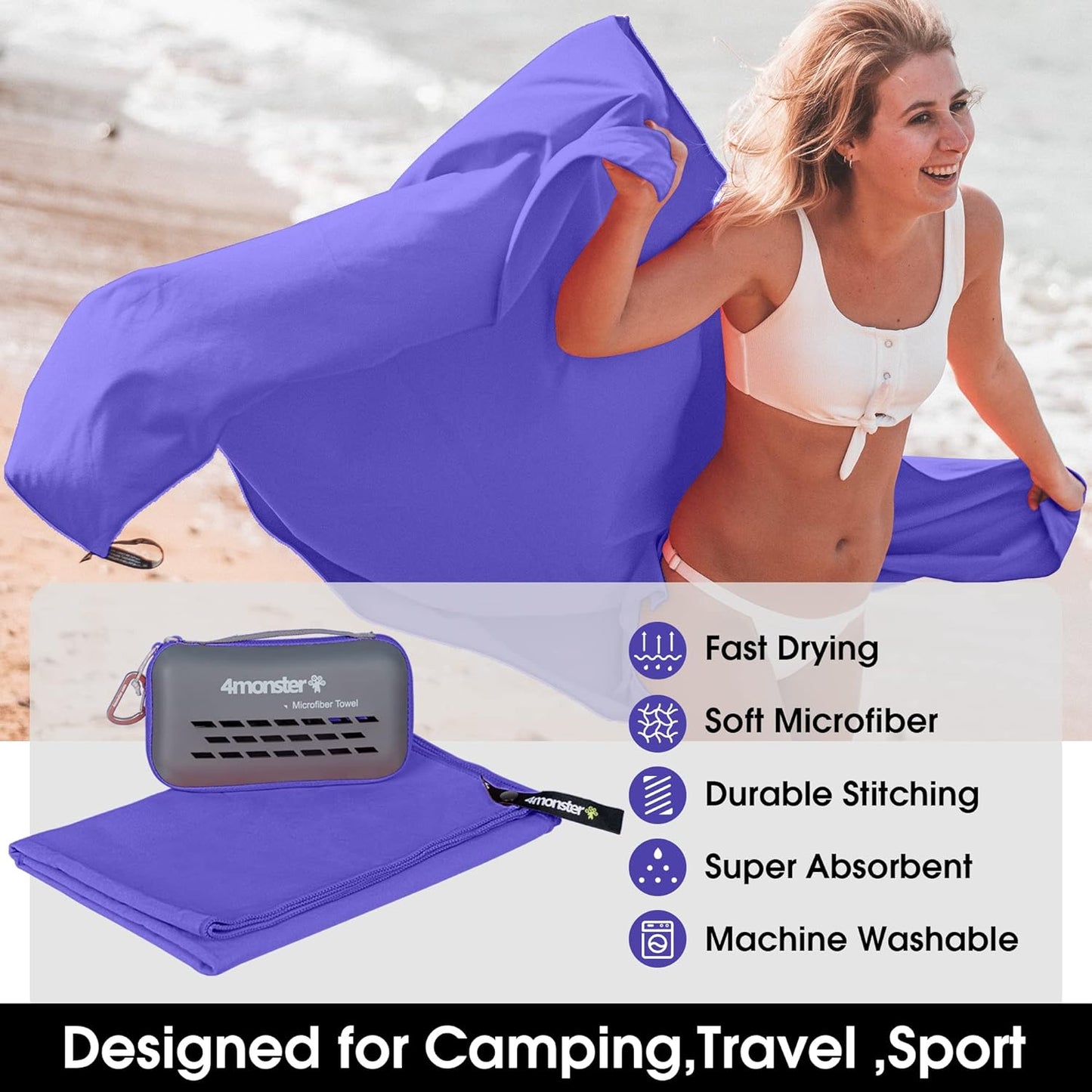 4Monster Camping Towels Super Absorbent, Fast Drying Microfiber Travel Towel, Quick Dry Ultra Soft Compact Gym Towel for Swimming Beach Hiking Yoga Travel Sports Backpack (40.00" x 20.00", Purple)
