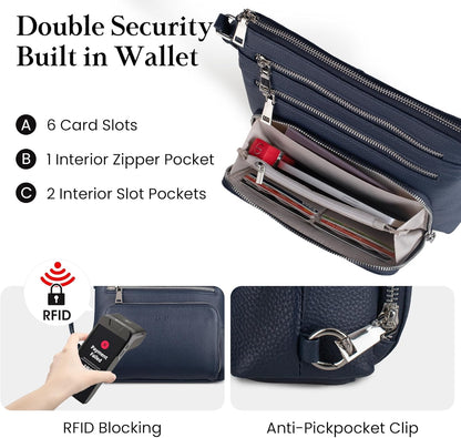 befen Genuine Leather Crossbody Bags for Women, Lightweight Medium Anti-Theft Shoulder Purse with Built in RFID Wallet