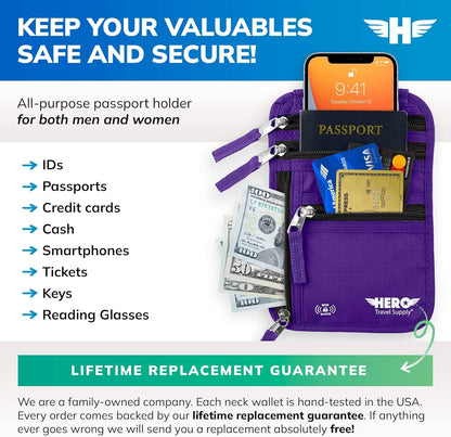 HERO Neck Wallet, RFID Blocking Passport Holder, Easy to Conceal Pouch (Purple)