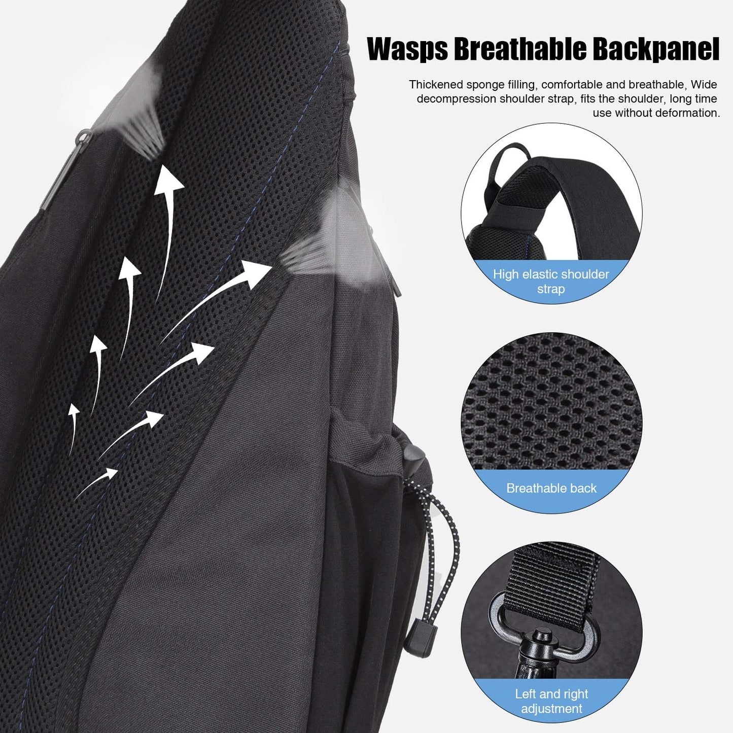 mixi Sling Bag Men Backpack Unisex One Shoulder Bag Hiking Travel Backpack Crossbody with USB Port for Men Women Versatile Casual Daypack-20 inch,Black