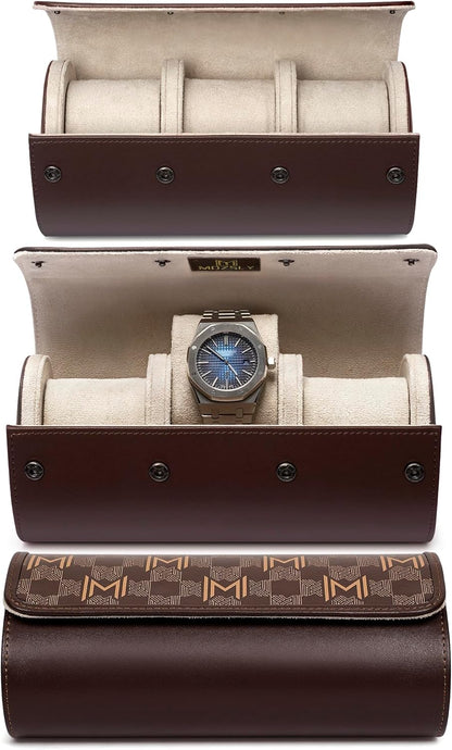MOZSLY Watch Roll Travel Case 3 Slots Portable Watches Box Organizer Storage Holder Pattern PU Leather