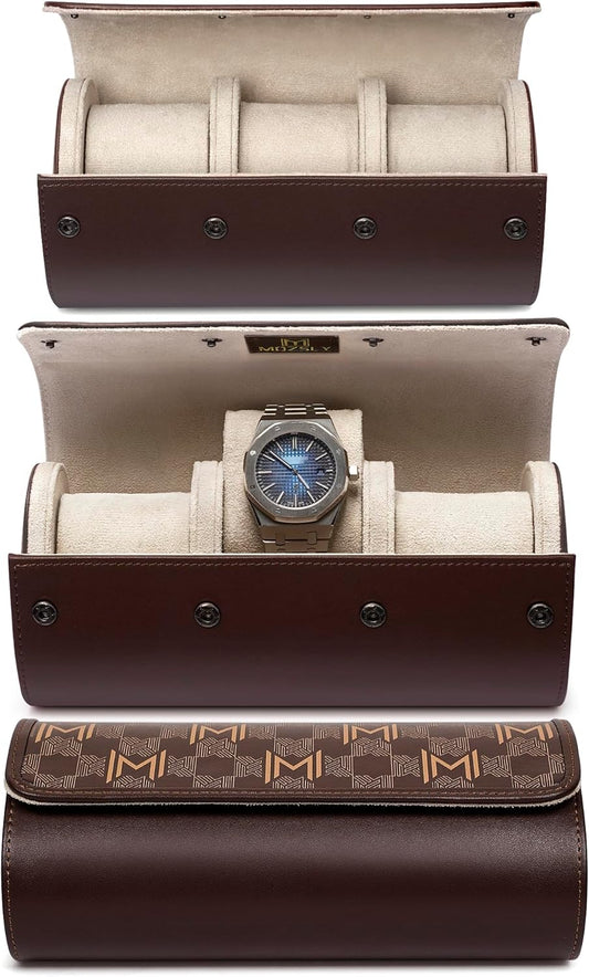 MOZSLY Watch Roll Travel Case 3 Slots Portable Watches Box Organizer Storage Holder Pattern PU Leather
