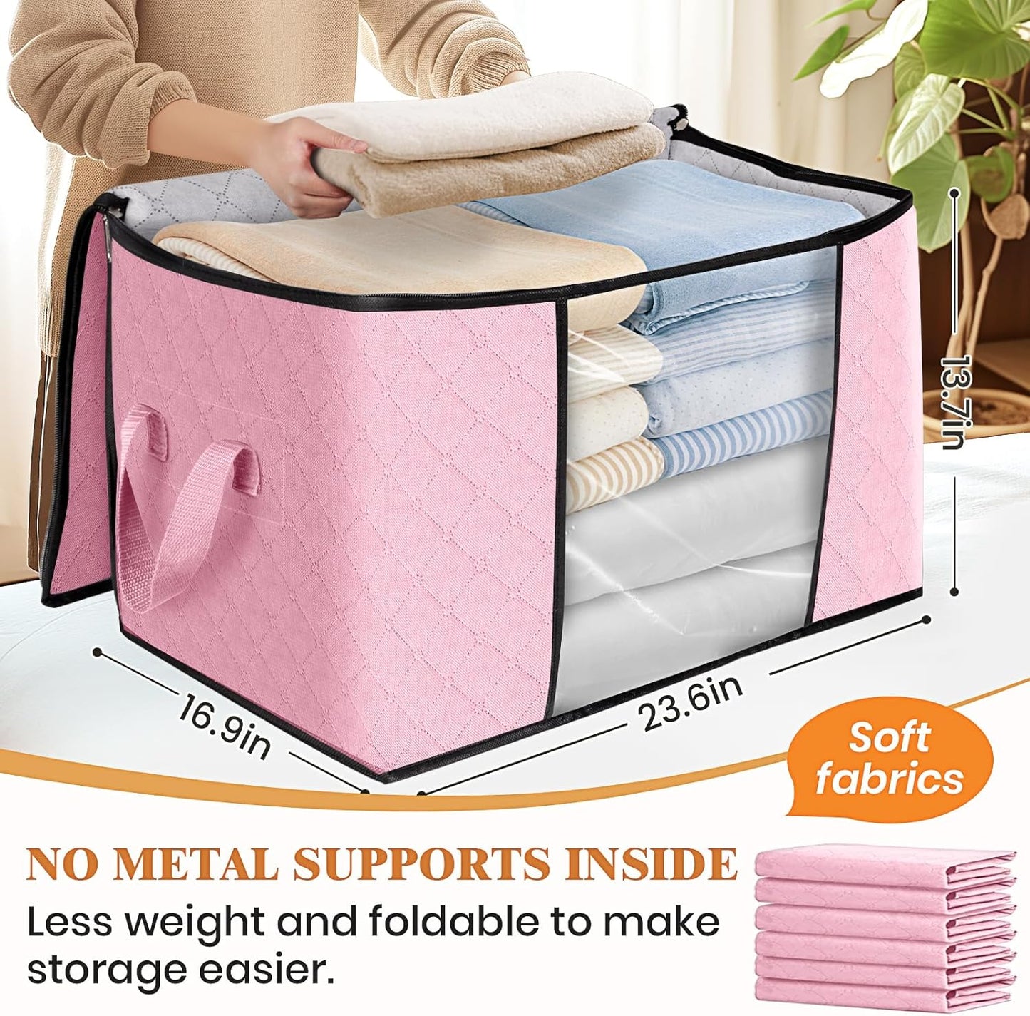 Fab totes 24 Gallons Clothes Storage, Foldable Thick Fabric Blanket Storage Bags, Containers for Organizing Bedroom, Closet, Clothing, Comforter, Organization with Handle (3 Pack,Pink)
