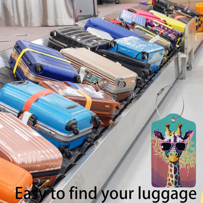Giraffe in Sunglasses 2 Pack Luggage Tag for Suitcase, Leather Bag Tags Identifiers Privacy Cover ID Label with Steel Loop for Women Men Kids Girls Travel