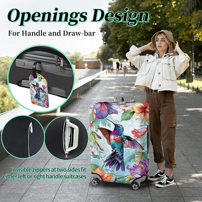 Luggage Cover Suitcase Protector Plus 1 Luggage Tag, Color Hummingbirds Travel Suitcase Cover for 26-28 inch Luggage (L) with Concealed Zipper Washable Elastic Cloth Dustproof Anti-Scratch