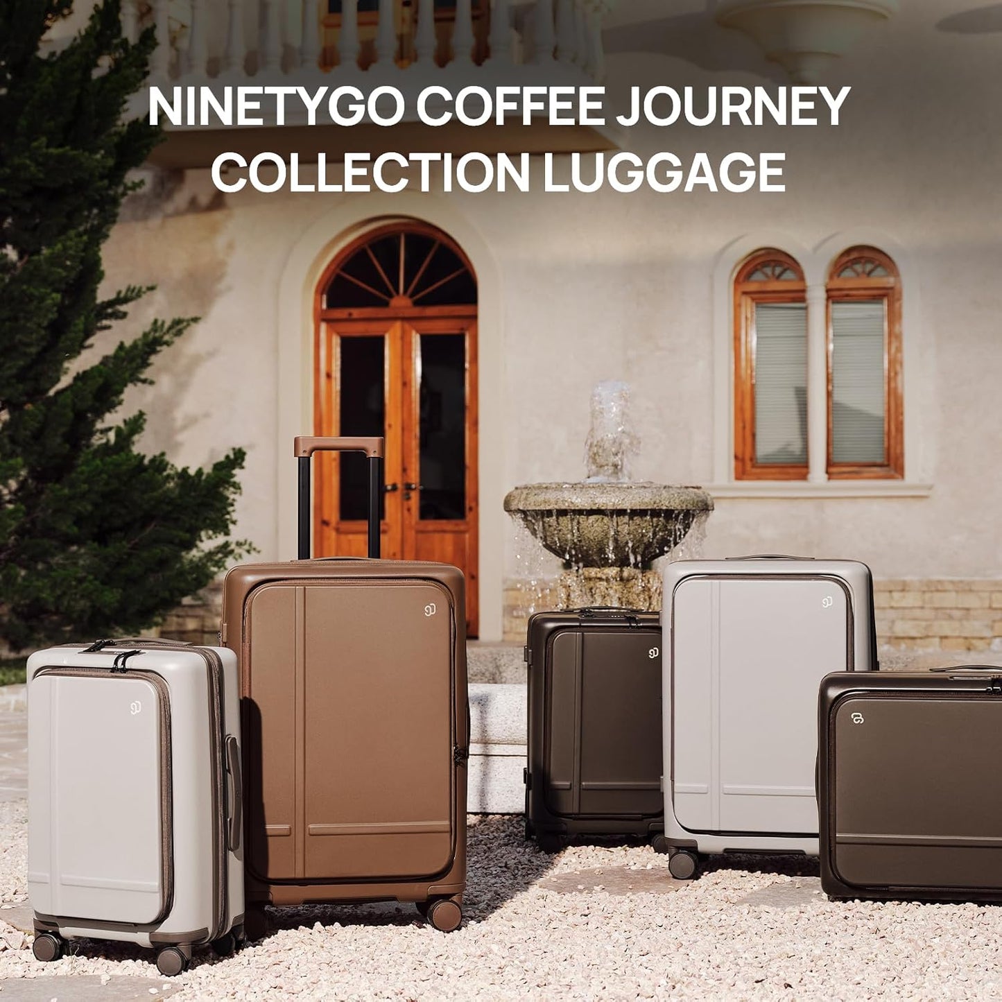 NINETYGO Medium Checked Luggage 25 Inch, Flat Top Opening Checking In Luggage with Cup Holder, Expandable, Coffee-Infused PC Hard Shell, Eco-Friendly, TSA Lock, 360° Spinner Wheels (Americaco)