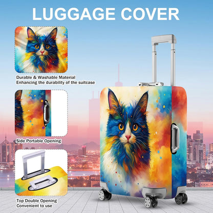 ANNA QUEEN Colorful Cat Luggage Cover, Artistic Blue Cat Design with Rainbow Colors, Stretchable, Washable Travel Sleeve for 24-26 Inch Suitcases