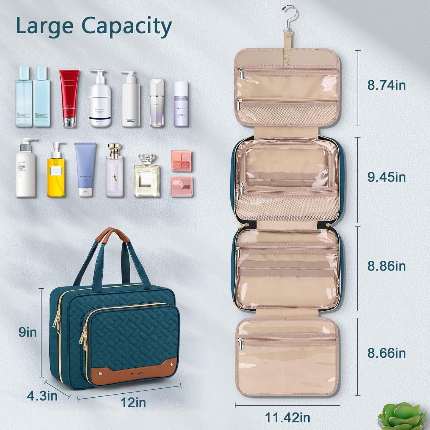 Wedama Toiletry Bag for Women, Hanging Travel Toiletry Bag with Jewelry Organizer Compartment Large Makeup Bag, PVC Waterproof Cosmetic Travel Bag for Travel Business Trips Camping Bathroom, Blue