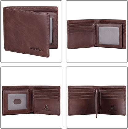 VISOUL Mens Bifold Leather RFID Blocking Wallet with 2 ID Windows, Soft Genuine Leather Card Holder Wallet with 2 Cash Compartments for Men (Coffee)