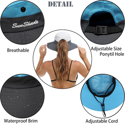 Womens Summer Sun Hat Beach Hat Wide Brim Outdoor UV Protection Hat Foldable Cool Mesh Ponytail Bucket Hat