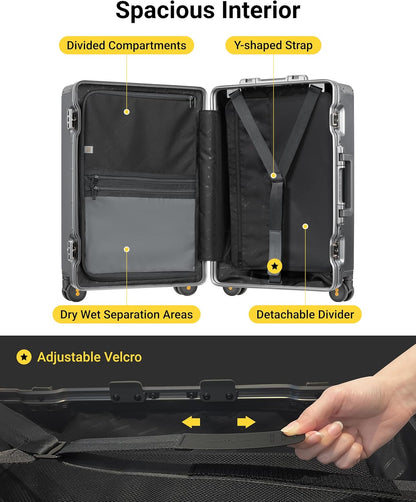 LEVEL8 Zipperless Checked Luggage with Aluminum Frame, Upgraded Medium Hardside Suitcase with Spinner Wheels, Metal Travel Luggage with Double Tsa Locks, 24 Inch, Grey