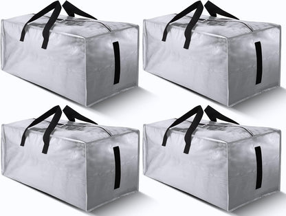 4 Pack Large Strong Bags with Zippers & Carrying Handles - Water-Resistant - Heavy Duty Storage Tote for Space Saving Storage, Fold Flat, Alternative to Moving Box (Silver)