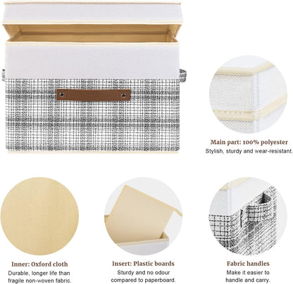 TYEERS Collapsible Storage Bins with Lids, Patchwork Design, Washable, Fabric Storage Boxes, 14.9x9.8x9.8 inches, 3 Pack, Gray