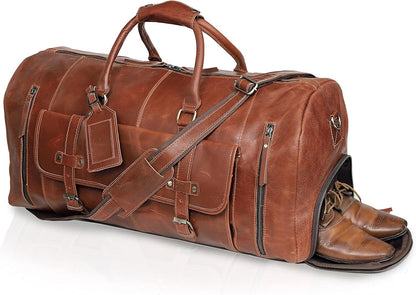 Duffle Leather Travel Bag for Women Men Gym Sports Overnight Weekend Airplane Cabin Bag 28 Inch Large Size Travel Bag with Shoe Compartment by Cureo