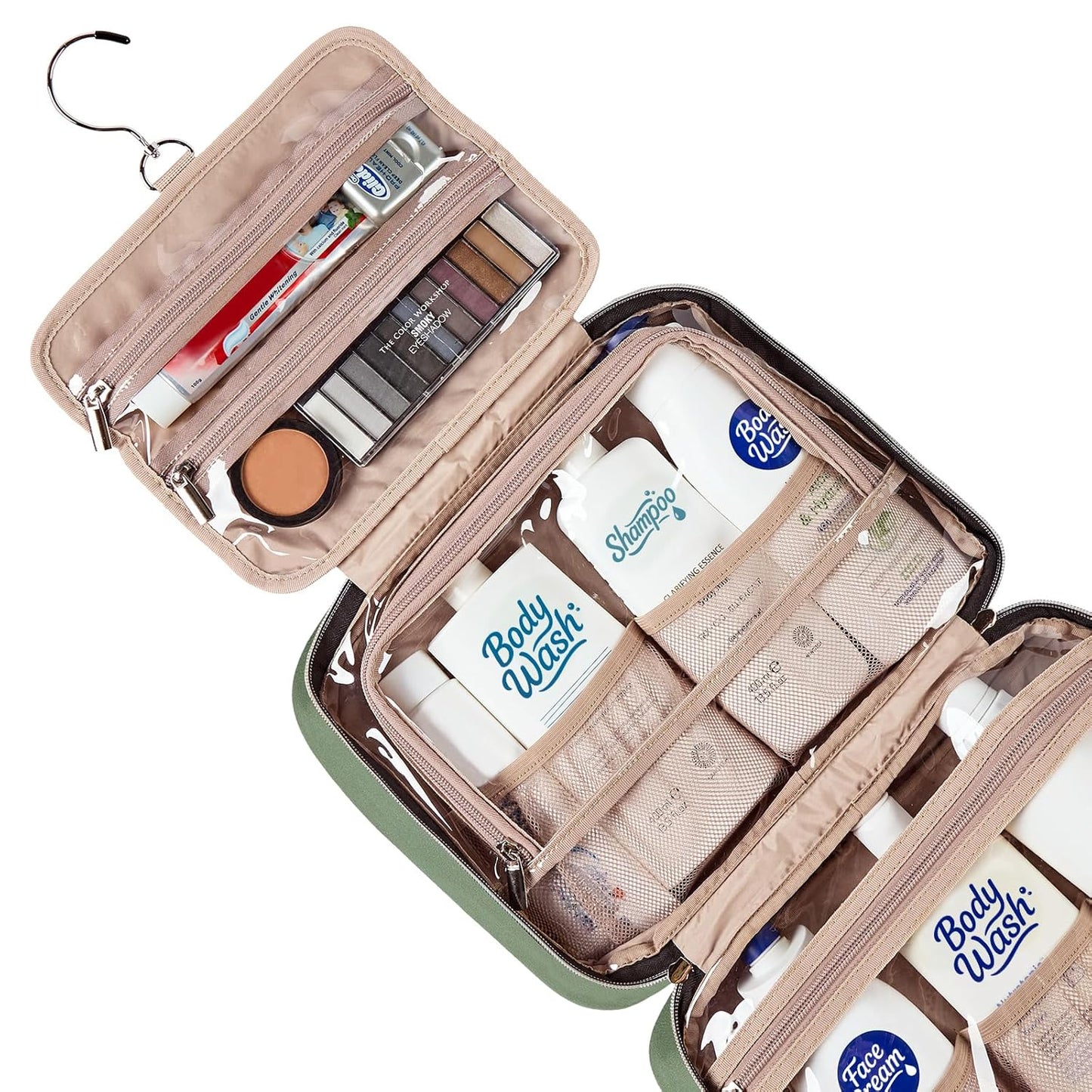 NISHEL Large Double Layer Travel Makeup Bag Women, Cosmetic Case, Organizer for Travel-Size Accessories Bottles, Brushes, Conditioner, and Skin Care Products, Bronze Green