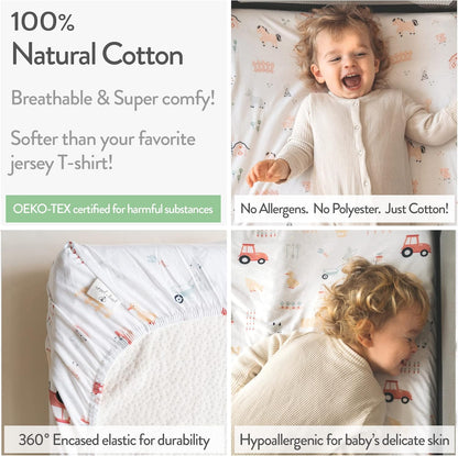 Pack and Play Sheets Fitted – Compatible with 4moms Breeze Plus Playard and Other Large Playpen Mattress – Snuggly Soft 100% Jersey Cotton – Farm Animals – 2 Pack