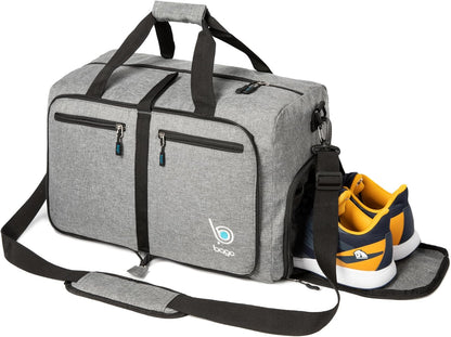 Bago Large Foldable Duffel Bags for Traveling Women & Men - 80L Packable Duffle Bag for Travel with Shoe Compartment - Water Repellant, Heavy Duty, Lightweight Folding & Collapsible (SnowGray)