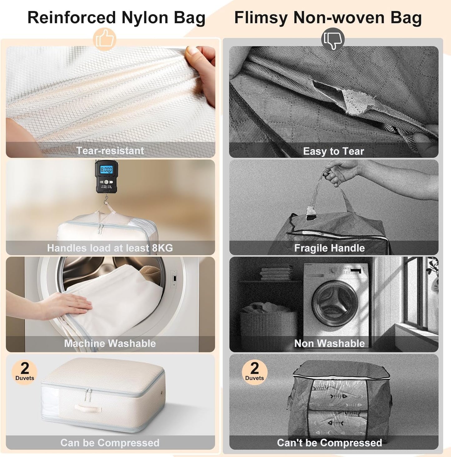 DIMJ Comforter Storage Bag - Large Capacity Ultra Space Saving Self Compression Organize for Duvet, Pillow, Bedding, Blanket Storage Organizer Nylon Compression Bags, Beige, 4 Pack