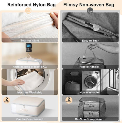 DIMJ Comforter Storage Bag - Large Capacity Ultra Space Saving Self Compression Organize for Duvet, Pillow, Bedding, Blanket Storage Organizer Nylon Compression Bags, Beige, 4 Pack