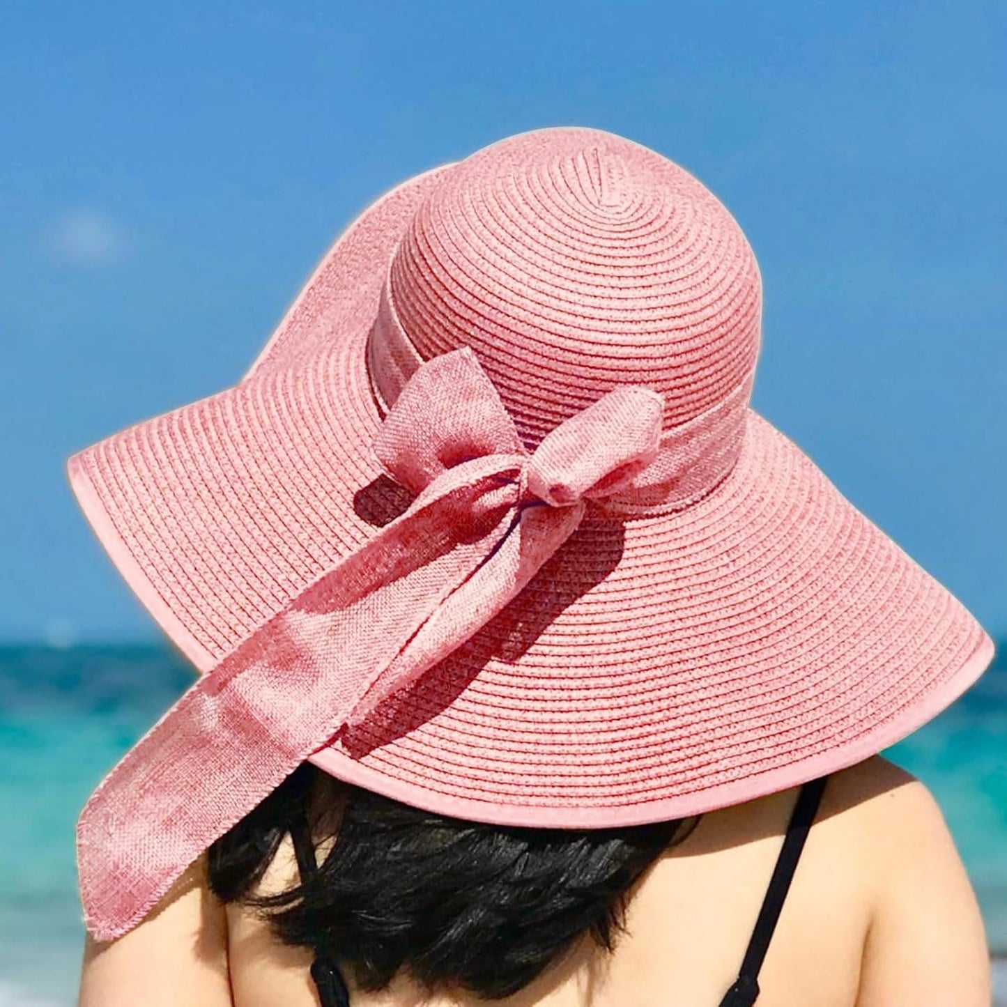 DRESHOW Beach Hats for Women Big Straw Wide Brim Summer Hat Floppy Foldable Roll up Cap Sun Hat UPF 50+