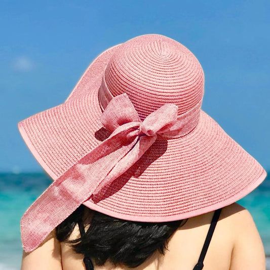 DRESHOW Beach Hats for Women Big Straw Wide Brim Summer Hat Floppy Foldable Roll up Cap Sun Hat UPF 50+
