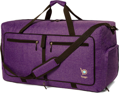 Bago Large Foldable Duffel Bags for Traveling Women & Men - 80L Packable Duffle Bag for Travel with Shoe Compartment - Water Repellant, Heavy Duty, Lightweight Folding & Collapsible (SnowDepPurple)