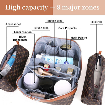 BOYATU Travel Makeup Bag Cosmetic Bags for Women: 3 Pcs Set Large Portable Make up Bag with Handle - Vegan Leather Toiletry Bags with Compartments - Makeup Organizer for Travel Essentials(01-Coffee)