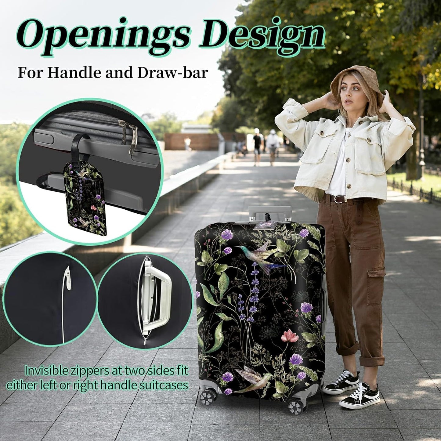 Luggage Cover Suitcase Protector + Luggage Tag, Wild Flowers Hummingbird Travel Suitcase Cover for 29-30 inch Luggage (XL) with Concealed Zipper Washable Elastic Cloth Dustproof Anti-Scratch