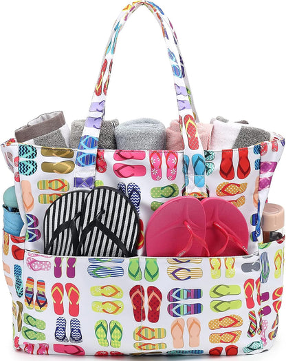 LEDAOU Large Beach Tote Bag Women Waterproof Sandproof Zipper Beach Tote Bag for Pool Gym Grocery Travel with Wet Pocket