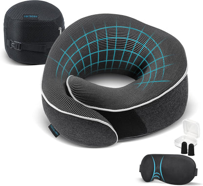 Travel Neck Pillow 100% Memory Foam – Airplane & Car Travel Essentials Kit with 3D Eye Mask, Earplugs & Mesh Bag – Sleeping Support Pillow for Adults (Dark Grey)