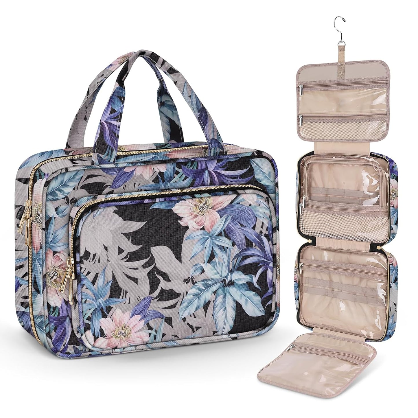Wedama Toiletry Bag for Women, Large Cosmetic Travel Bag, Hanging Toiletry Bag for Bathroom, PVC Waterproof Makeup Bag, Toiletries Bag for Travel Business Trips and Camping, Black+Brown Floral
