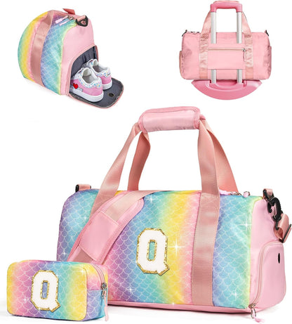 6 7 8 9 10 Year Old Girls Birthday Gift-Girl Gym Bag with Shoe Compartment, Kid Personalized Weekender Overnight Bags, Initial Travel Tote with Makeup Pouch, Easter Gifts for Teen (Letter Q)