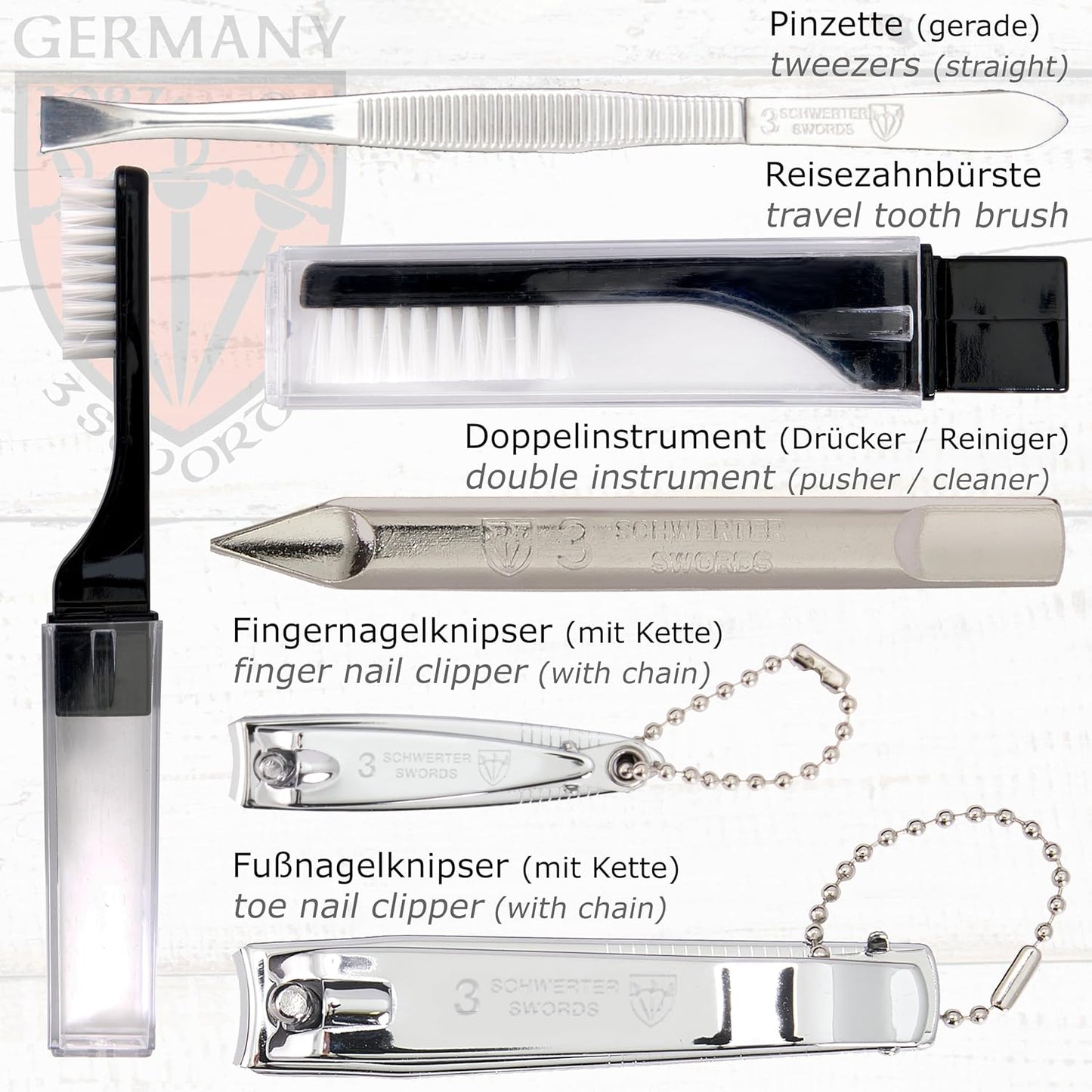 3 Swords Germany – brand quality 10 piece manicure pedicure grooming kit set for professional finger & toe nail care tweezers file clipper fashion leather case in gift box, Made by 3 Swords (7797)