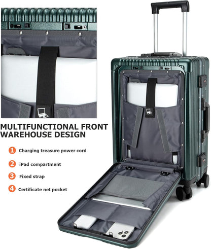 feilario 20in Aluminium Frame PC Hard Shell Spinner Wheels Luggage, Built-In TSA lock Carry on Suitcase, with Cup Holder, USB Port, Phone Holder