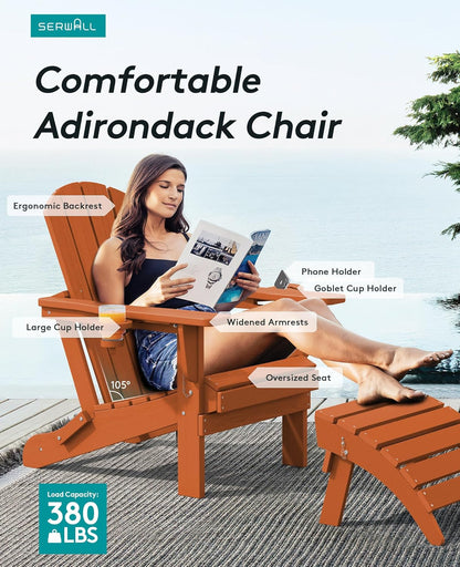 SERWALL Adirondack Chair with Cup Holders - Composite Adirondack Chairs Set of 8 HDPE Outdoor Chairs All Weather Use- Orange