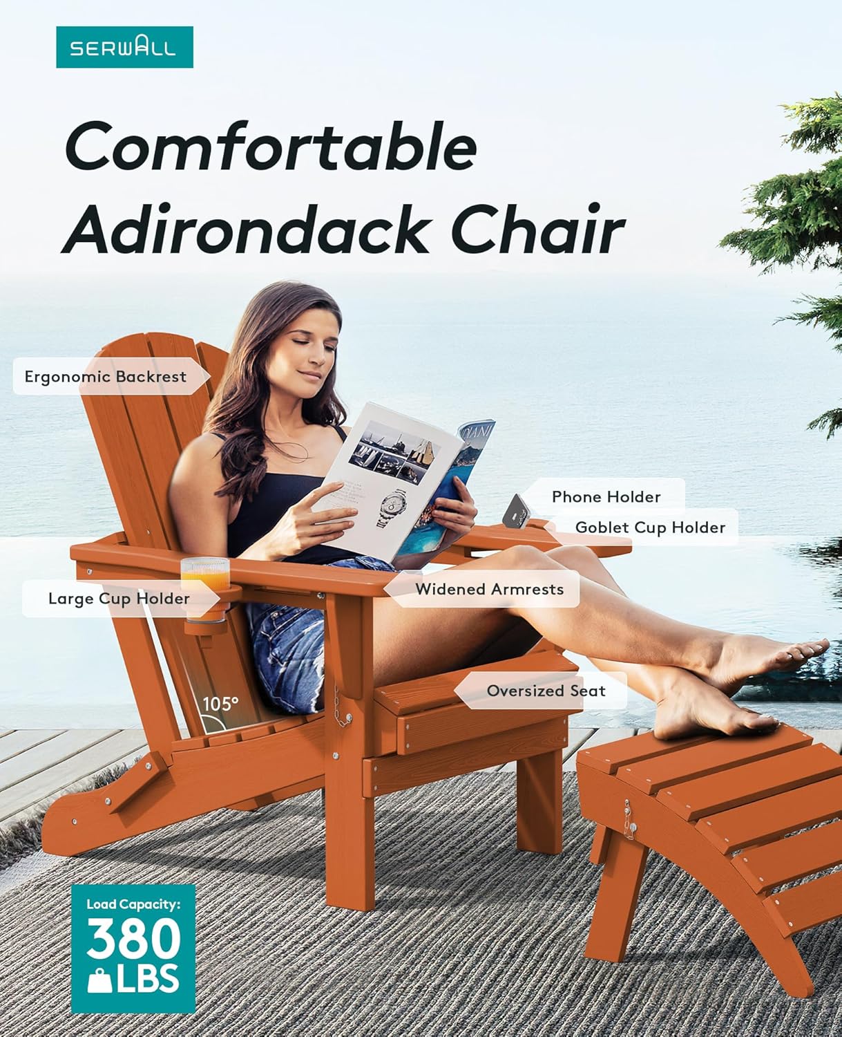 SERWALL Adirondack Chair with Cup Holders - Composite Adirondack Chairs Set of 2 HDPE Outdoor Chairs All Weather Use- Orange
