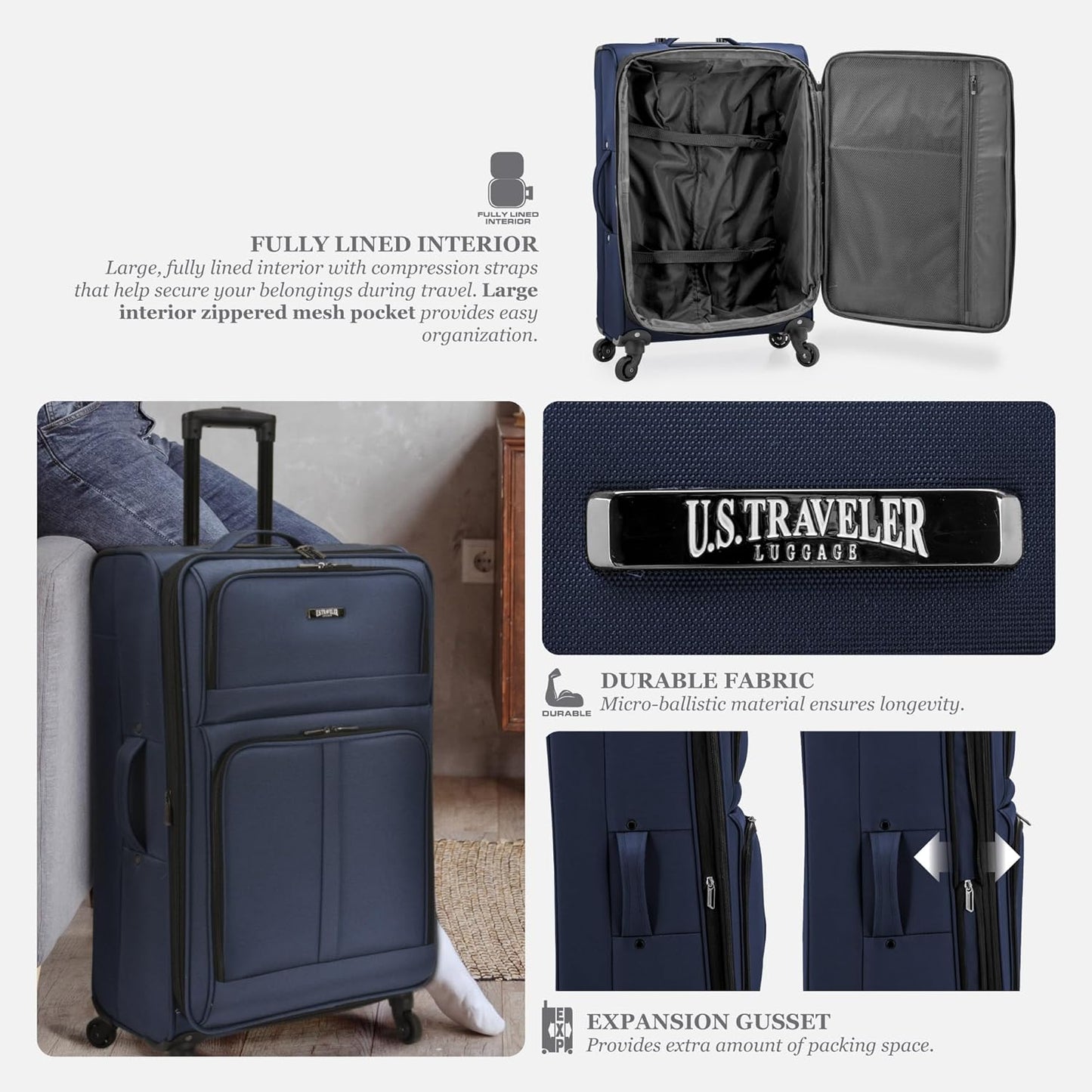 U.S. Traveler Anzio Softside Expandable Spinner Luggage, Dark Grey, 3-Piece Set (22/26/30)