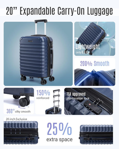 LIGHT FLIGHT Carry On Luggage 22x14x9 Airline Approved, Carry On Suitcases with Wheels, Expandable Hardside Lightweight Rolling Travel Luggage with TSA Lock 20 Inch Carryon, Dark Blue