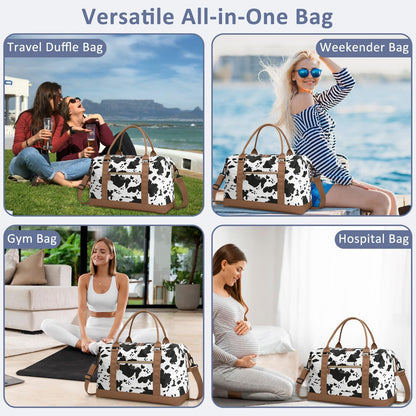 Travel Duffle Bag for Women, Weekender Bags, Hospital Bag for Labor Delivery, Lightweight Tote Duffel Overnight Bag with Luggage Sleeve, Airplane Travel Bags with Toiletry Bag, Large, Cow