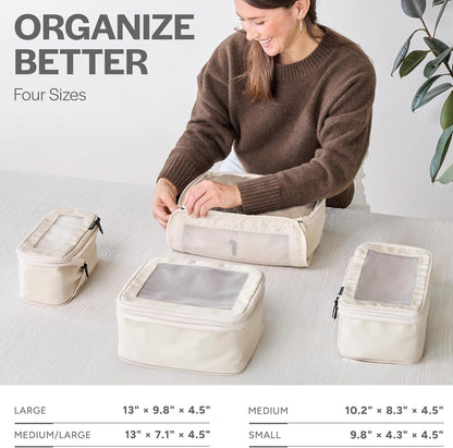 Compression Packing Cubes for Travel - Luggage Organizer Bags - Double Zipper Packing Cubes for Suitcases (4-Pack, Beige)