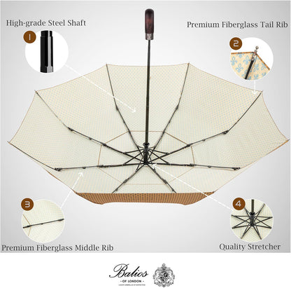 Balios Travel Folding Umbrella with Real Wood Handle Auto Open Close Vented Windproof Canopy - Designed in UK